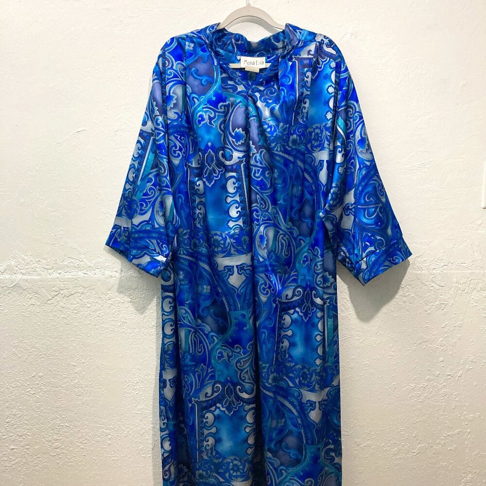 Mona Lisa Women’s Nightgown Robe Maxi Dress Made In USA Satin Paisley Blue PL